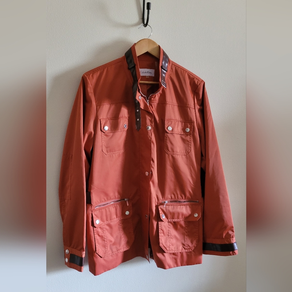 Calvin Klein Leather Trimmed Pocketed Jacket, Women's XL, Burnt Orange & Brown.